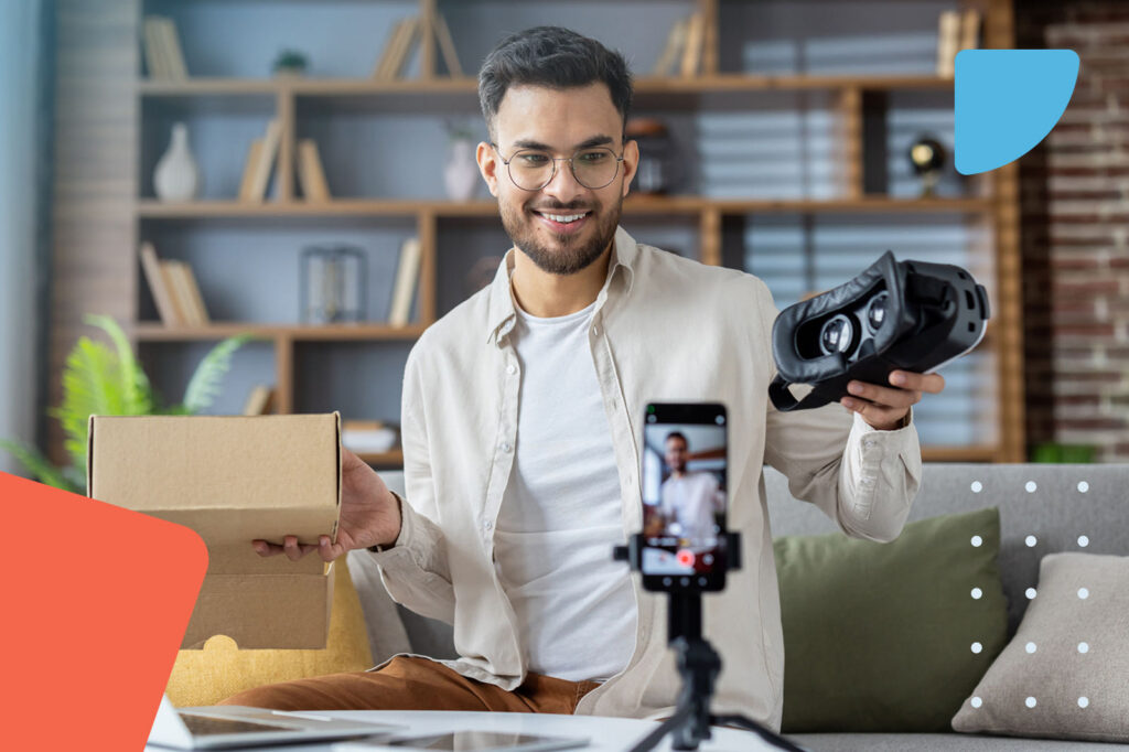 Man unboxing VR headset vlogging