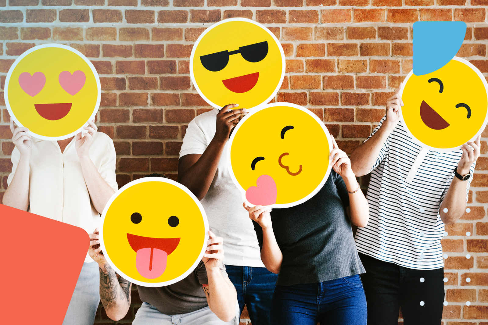 People holding yellow emoji masks