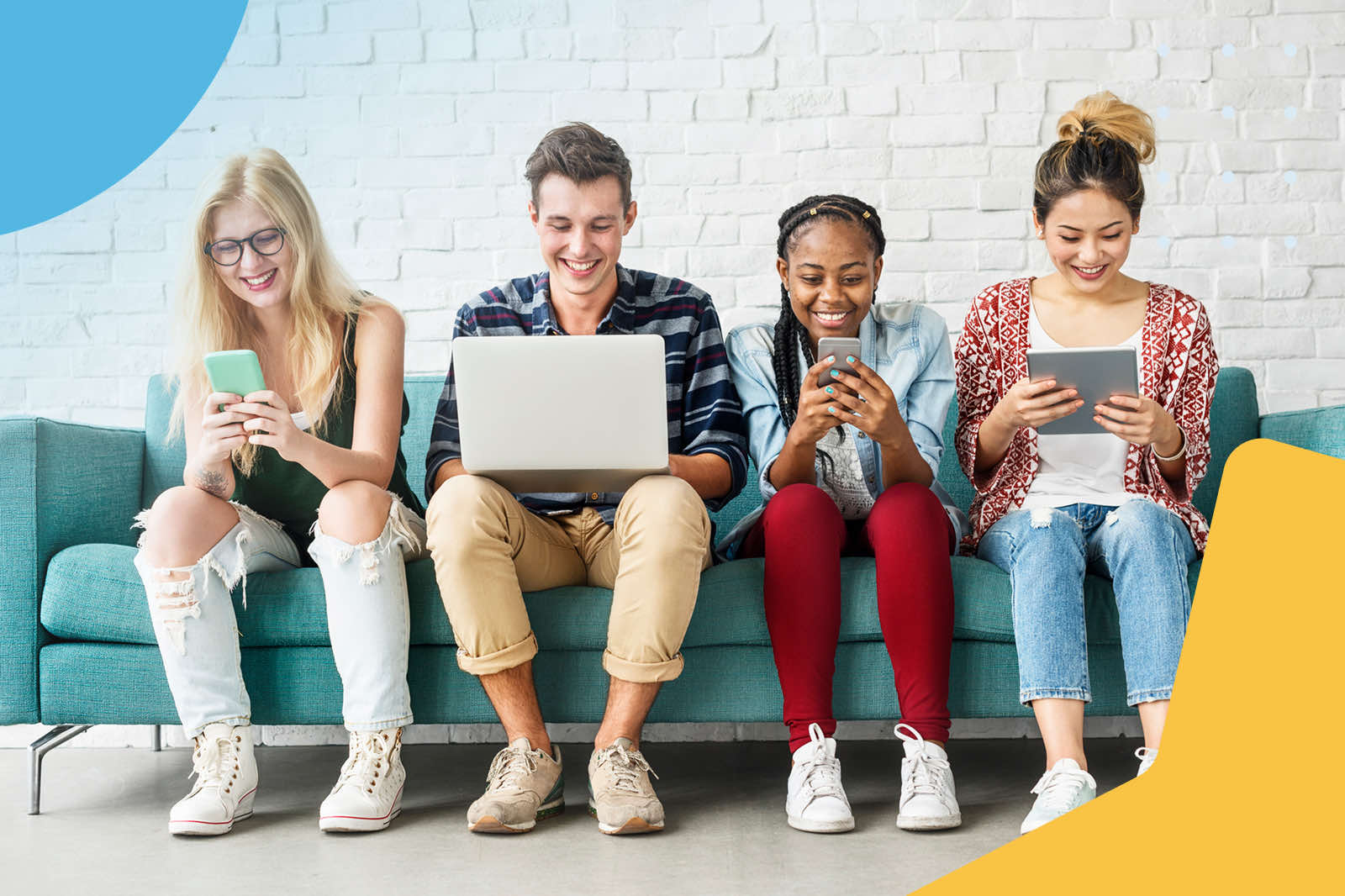 People using devices on sofa
