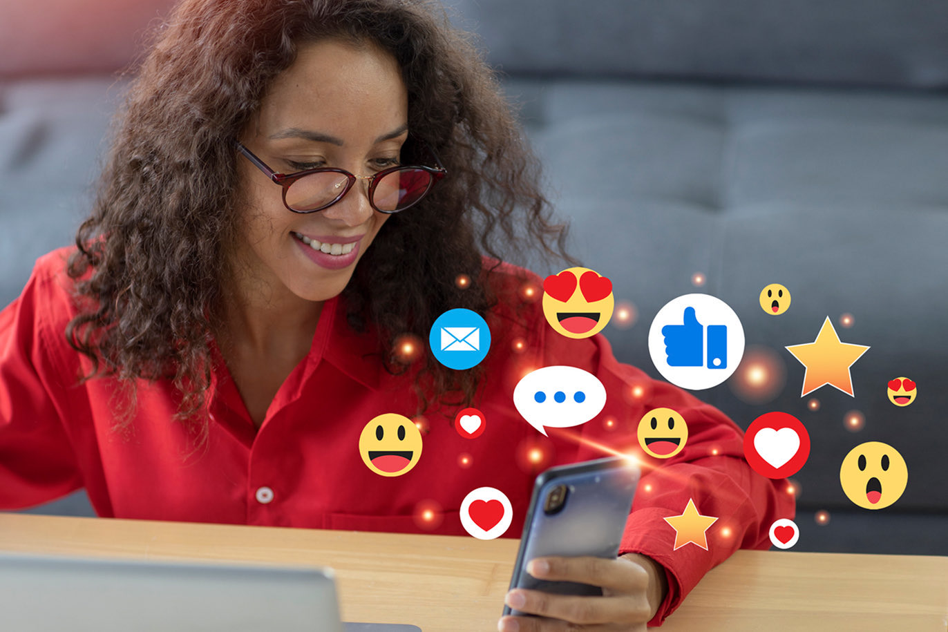 Woman interacting with social icons