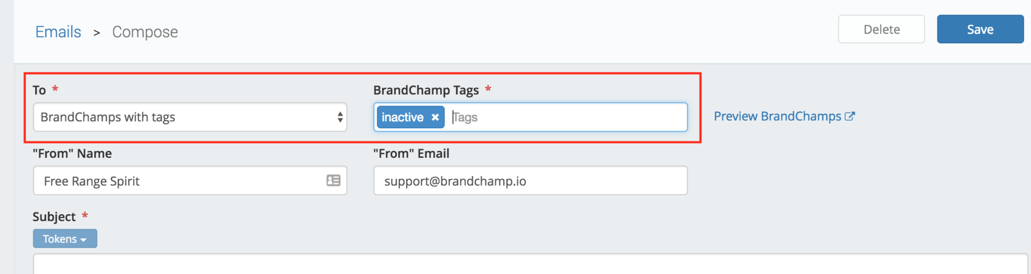BrandChamp email user tags configuration