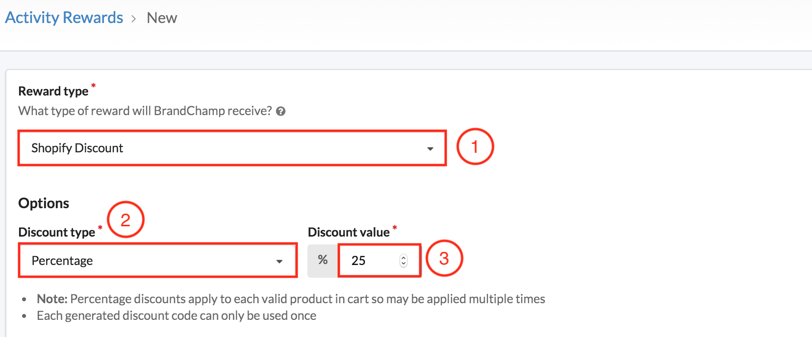 BrandChamp interface ambassador software reward types Shopify discount percentage discount