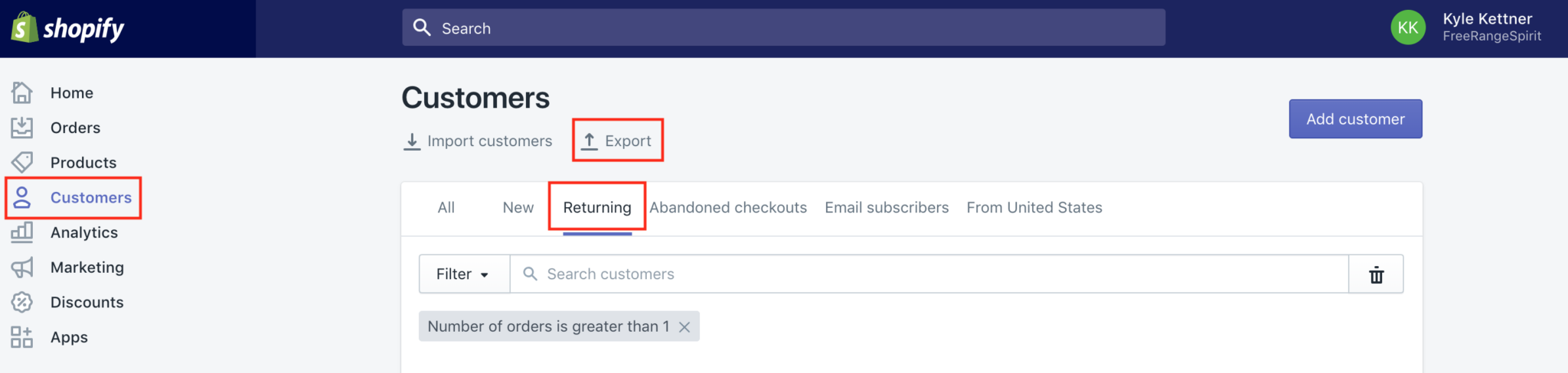 Shopify admin customers export option