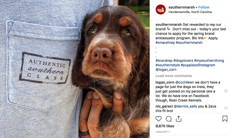 Southern Marsh ambassador Instagram post tshirt man dog