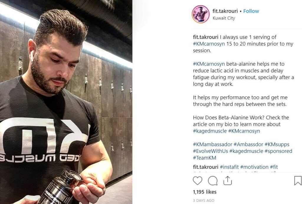 Instagram post Kaged Muscle brand ambassador user-generated content