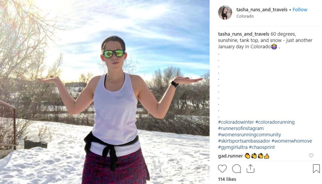 Instagram photo Skirt Sports ambassador hand out palms up outside