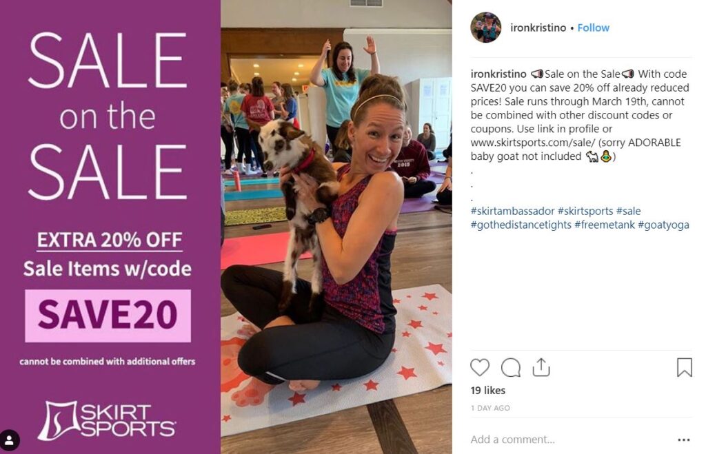 Instagram photo SkirtSports ambassador sale promotion women yoga class goat