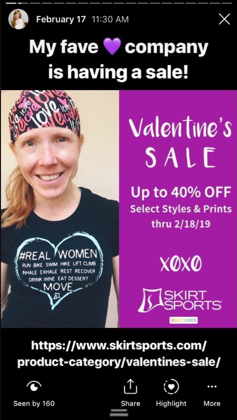 Instagram story SkirtSports brand ambassador promoting valentines day sale