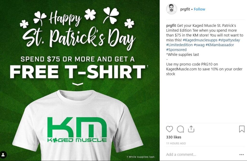 Instagram photo Kaged Muscle ambassador St. Patrick's day promotion tshirt