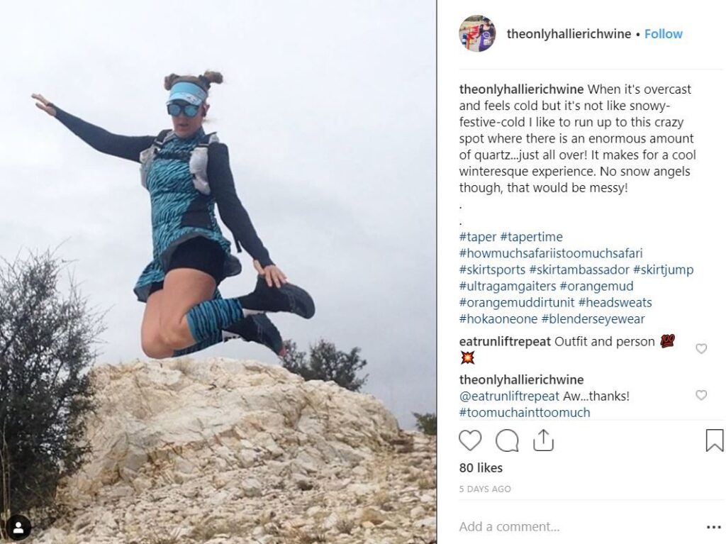 Instagram photo of SkirtSports brand ambassador jumping trail running