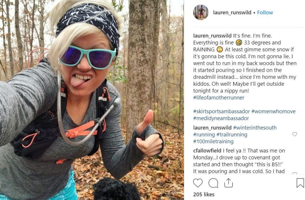 Instagram photo SkirtSports ambassador on a hike with backpack glasses head band tongue out