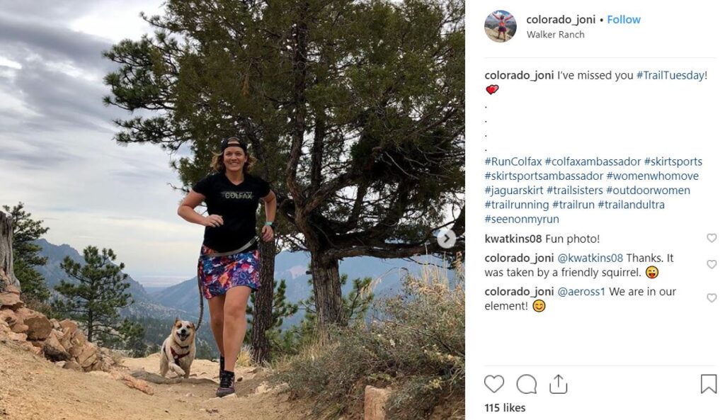 Instagram photo SkirtSports ambassador trail running mountain with dog on leash