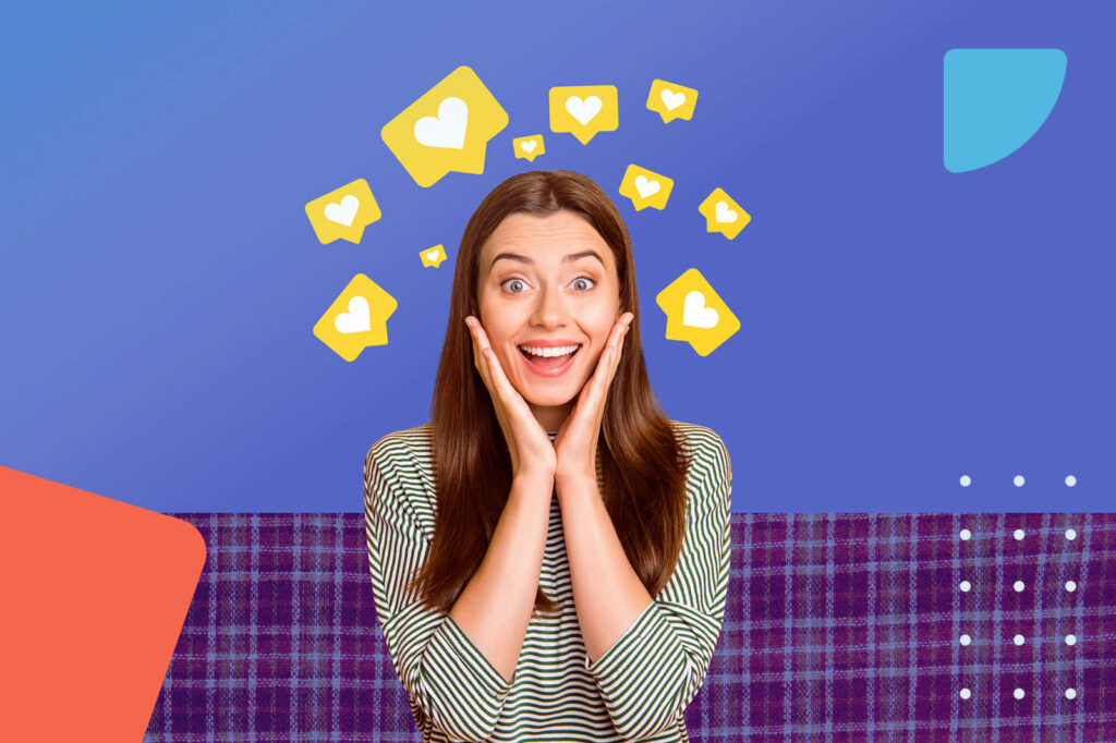 Surprised woman with social hearts