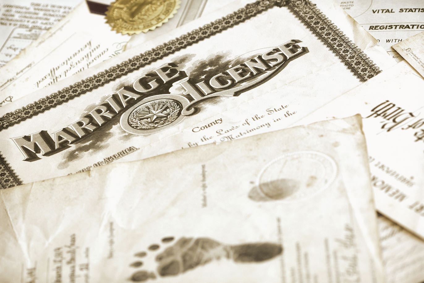 Vintage marriage license document papers
