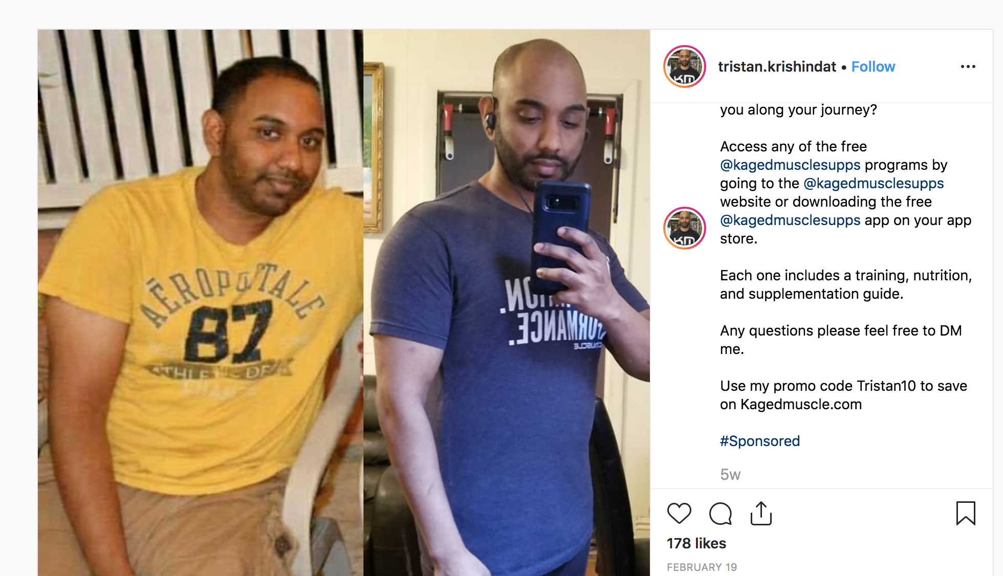 Before after fitness Instagram post Kaged Muscle ambassador