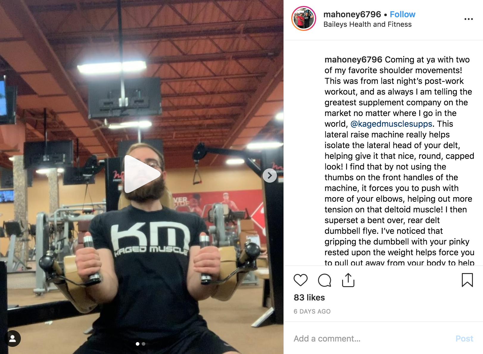 Instagram post Kaged Muscle ambassador shoulder workout gym