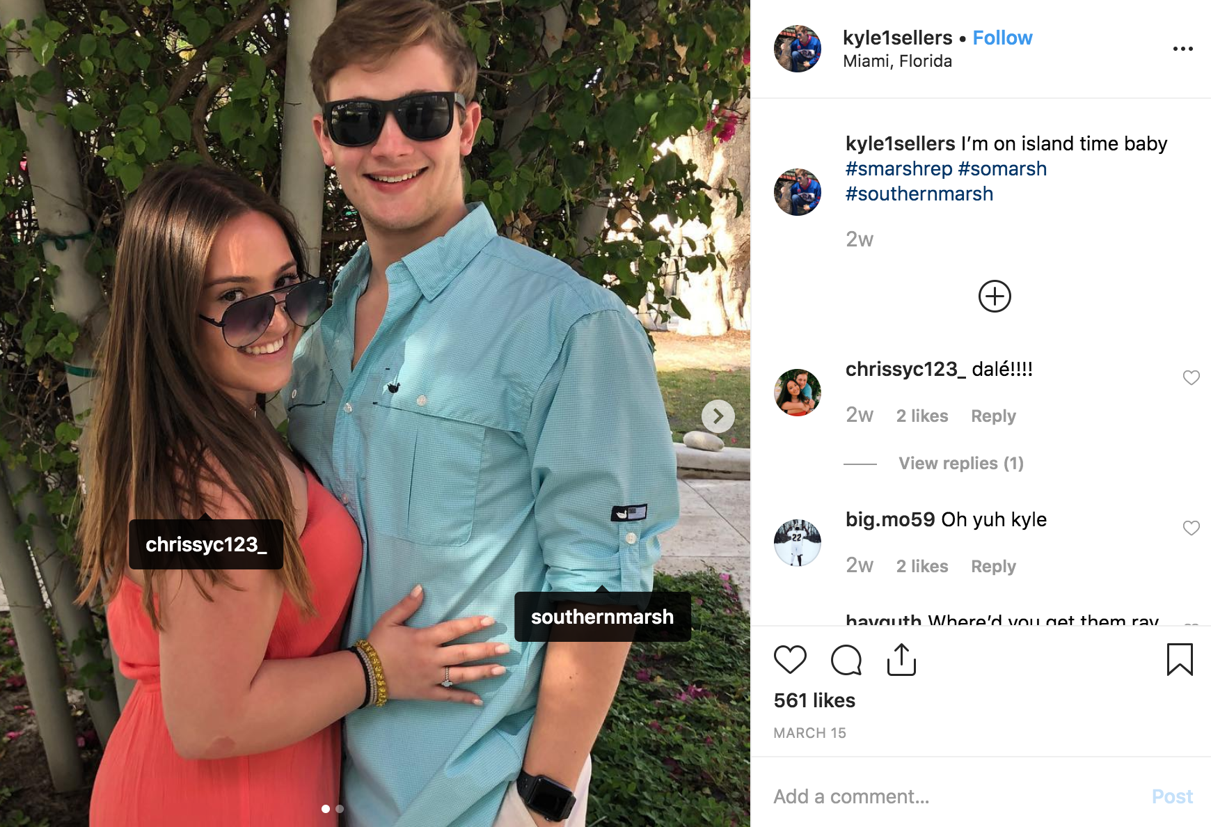 Instagram post Southern Marsh ambassador boyfriend and girlfriend smiling sun glasses