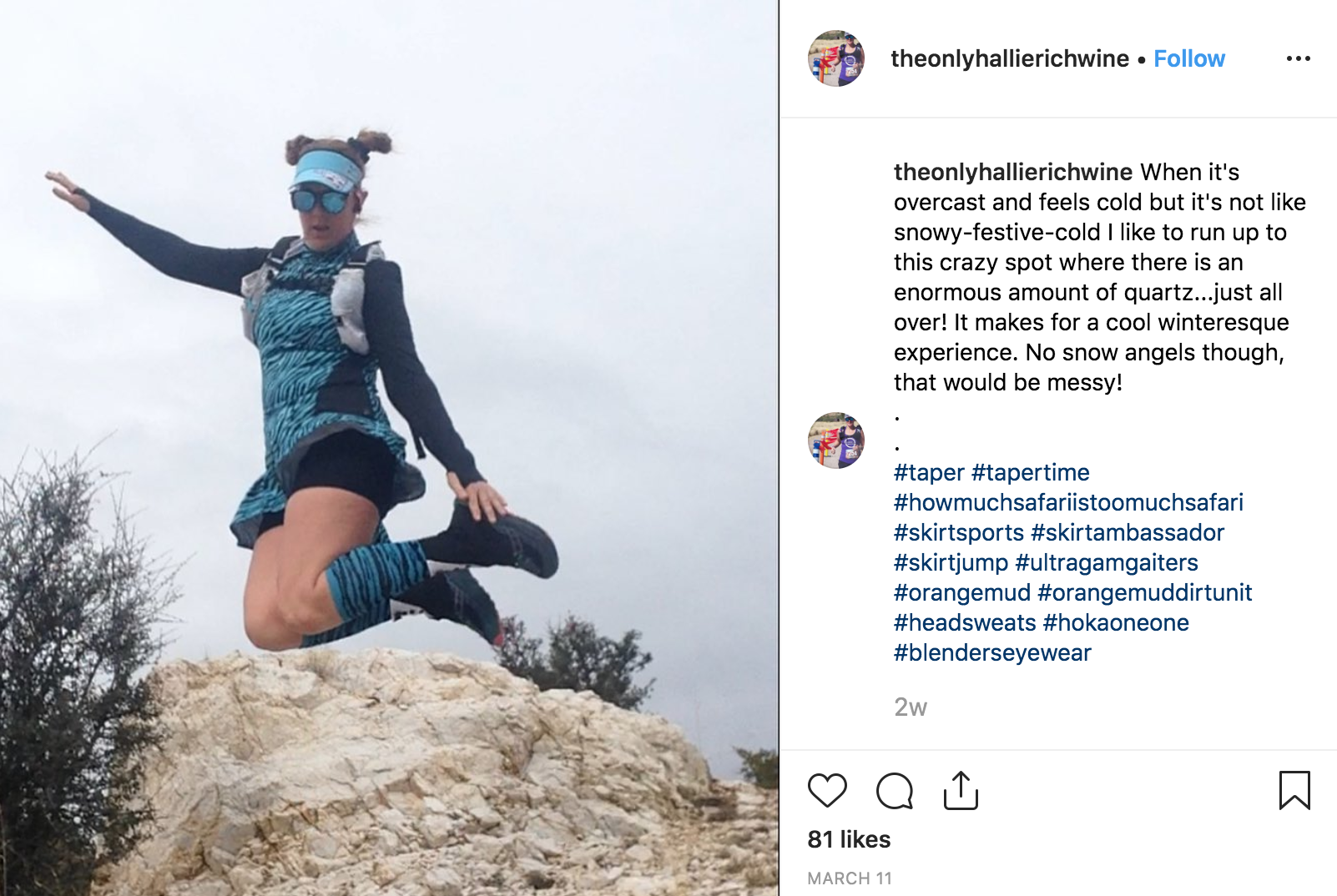 Women running mountain skirt jumping SkirtSports ambassador Instagram post