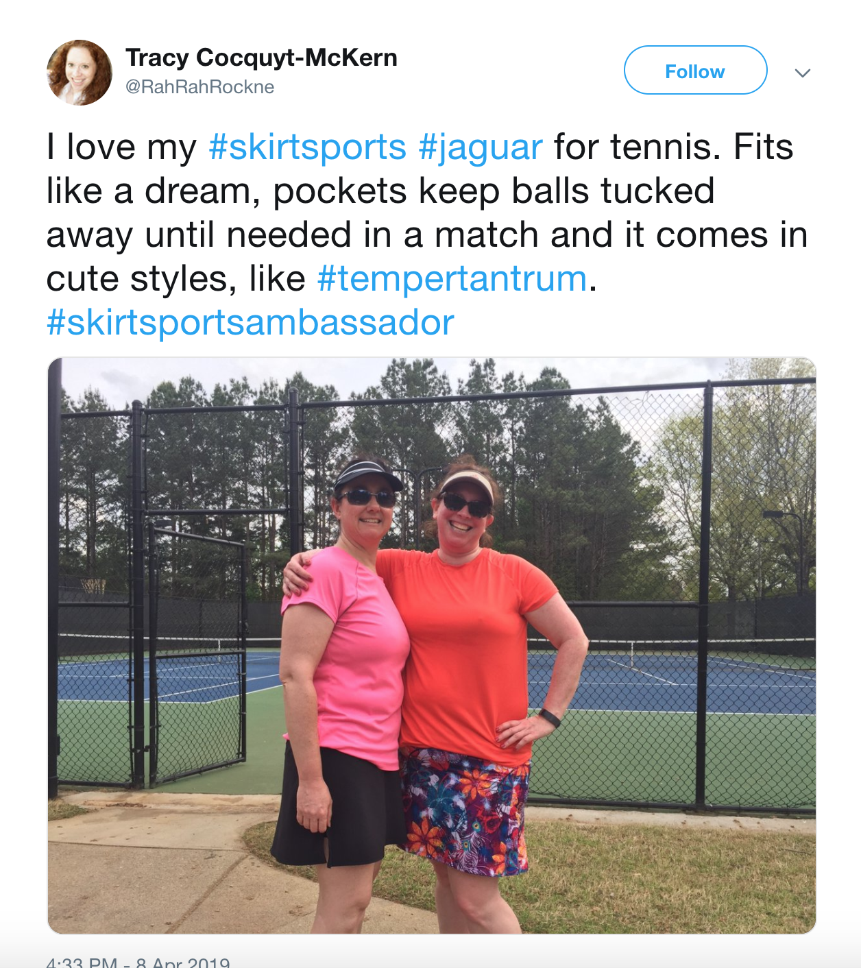 SkirtSports ambassador Twitter post two women skirts tennis courts