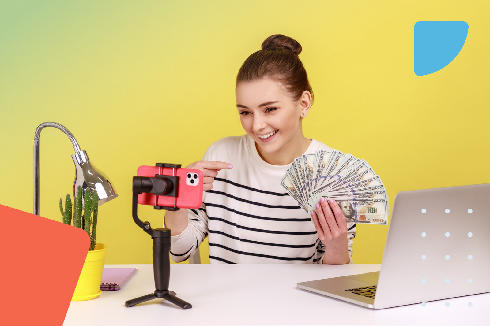 Content creator holding cash fan