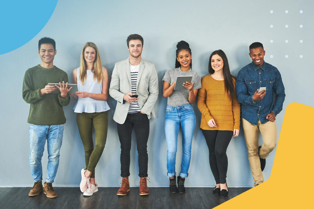 Diverse people standing in line