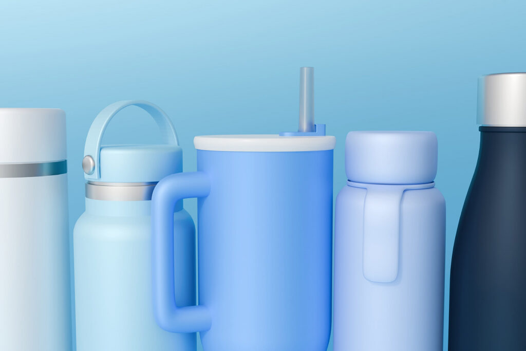 Various blue reusable water bottles