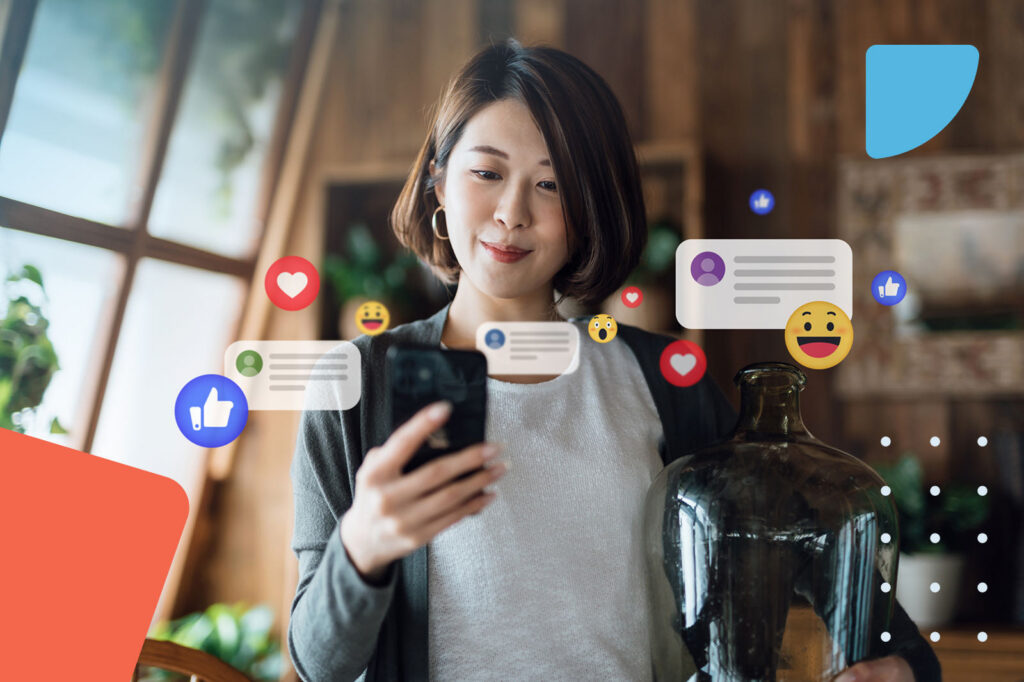 Woman using smartphone with social media engagement overlays