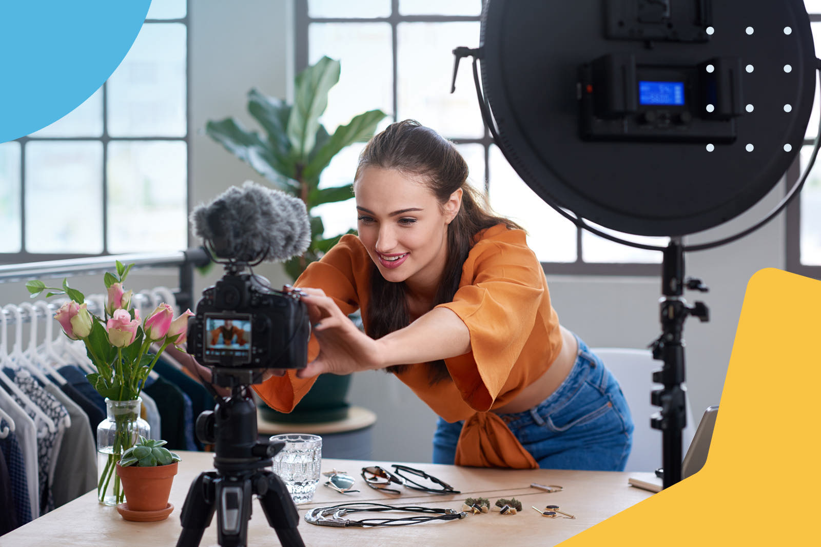 Female content creator setting up a professional camera