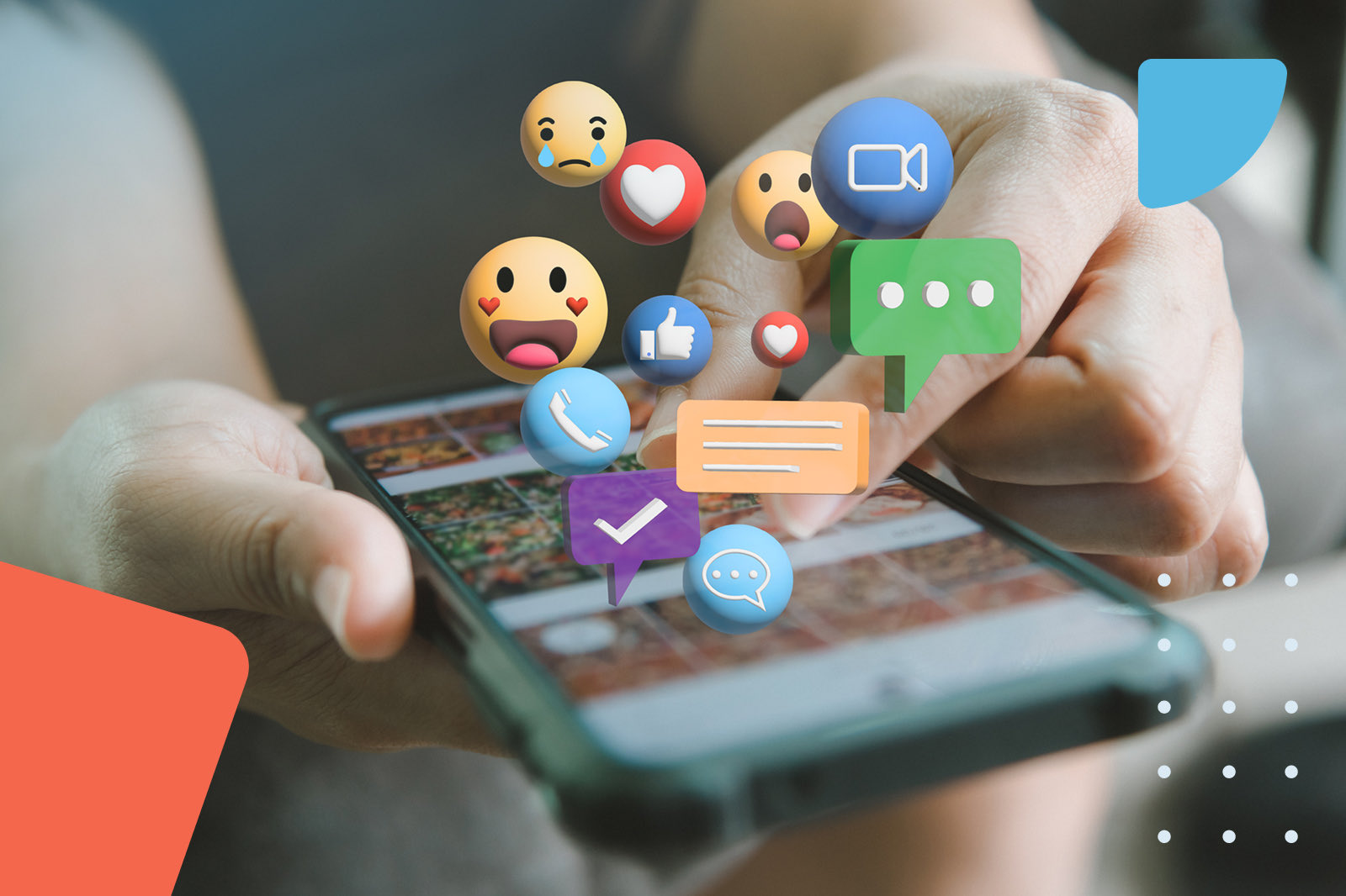 Person using smartphone with social media emoji icons
