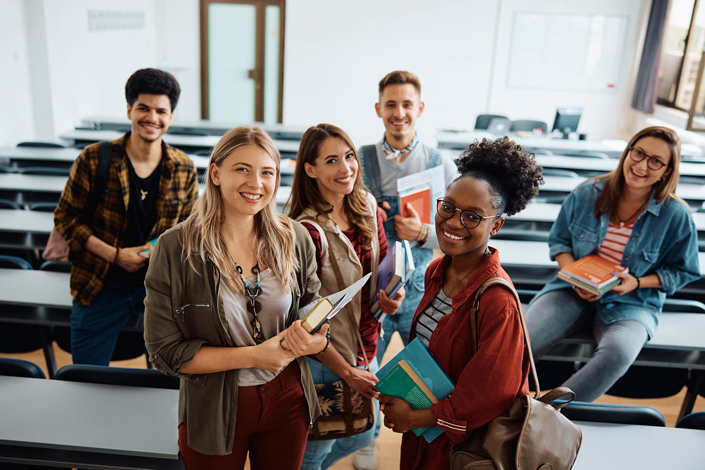 Group of diverse college students in a classroom