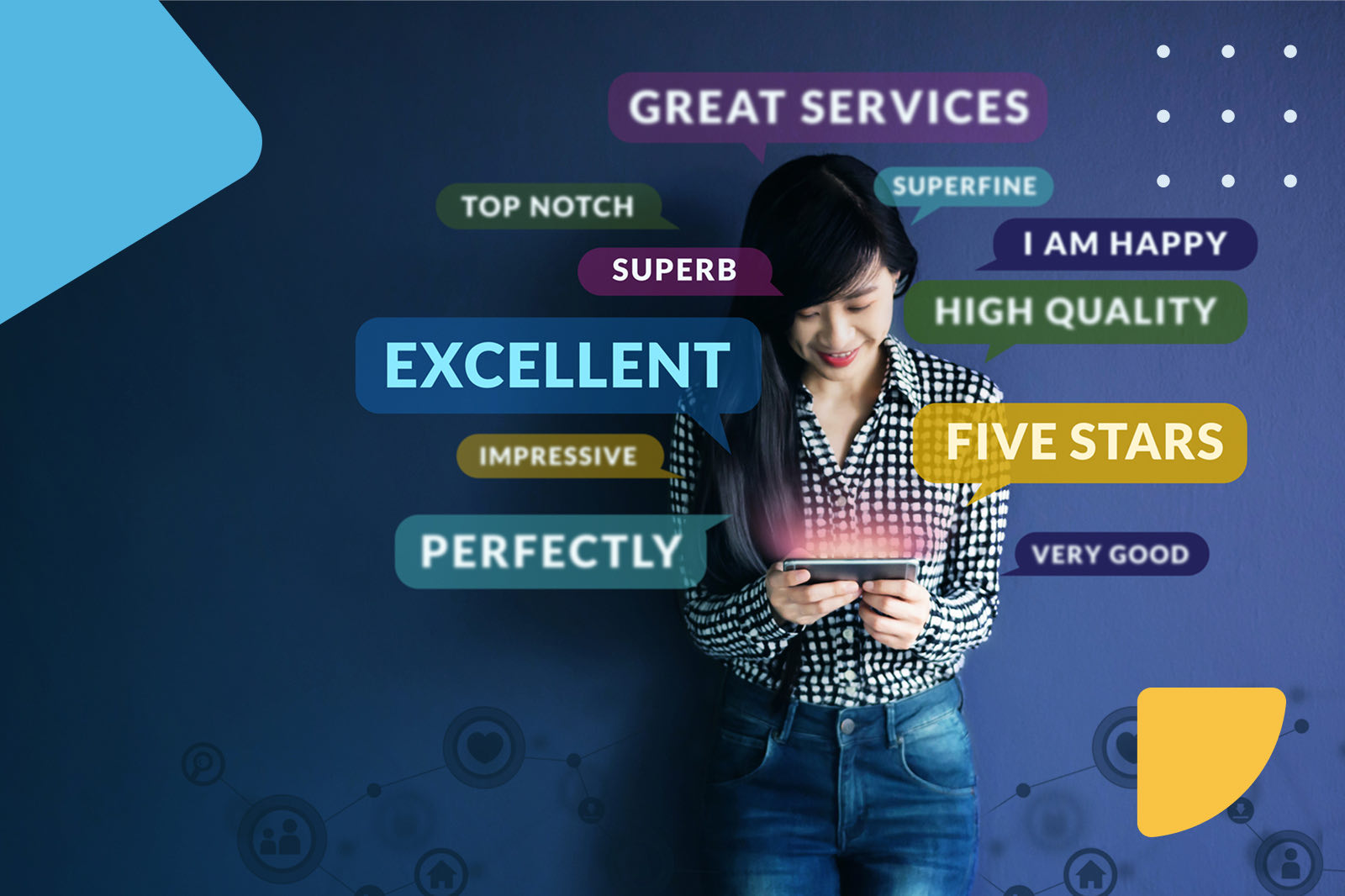 Woman reviewing positive customer feedback