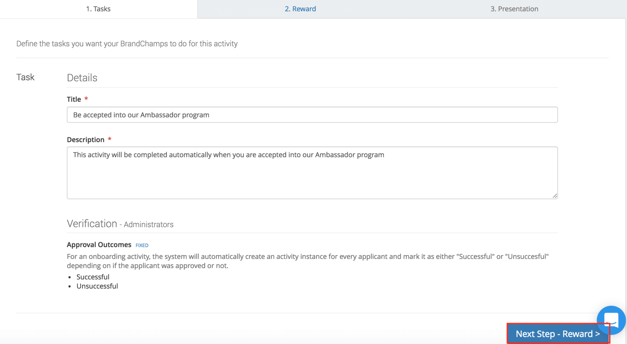 Onboarding ambassador activity task details verification options