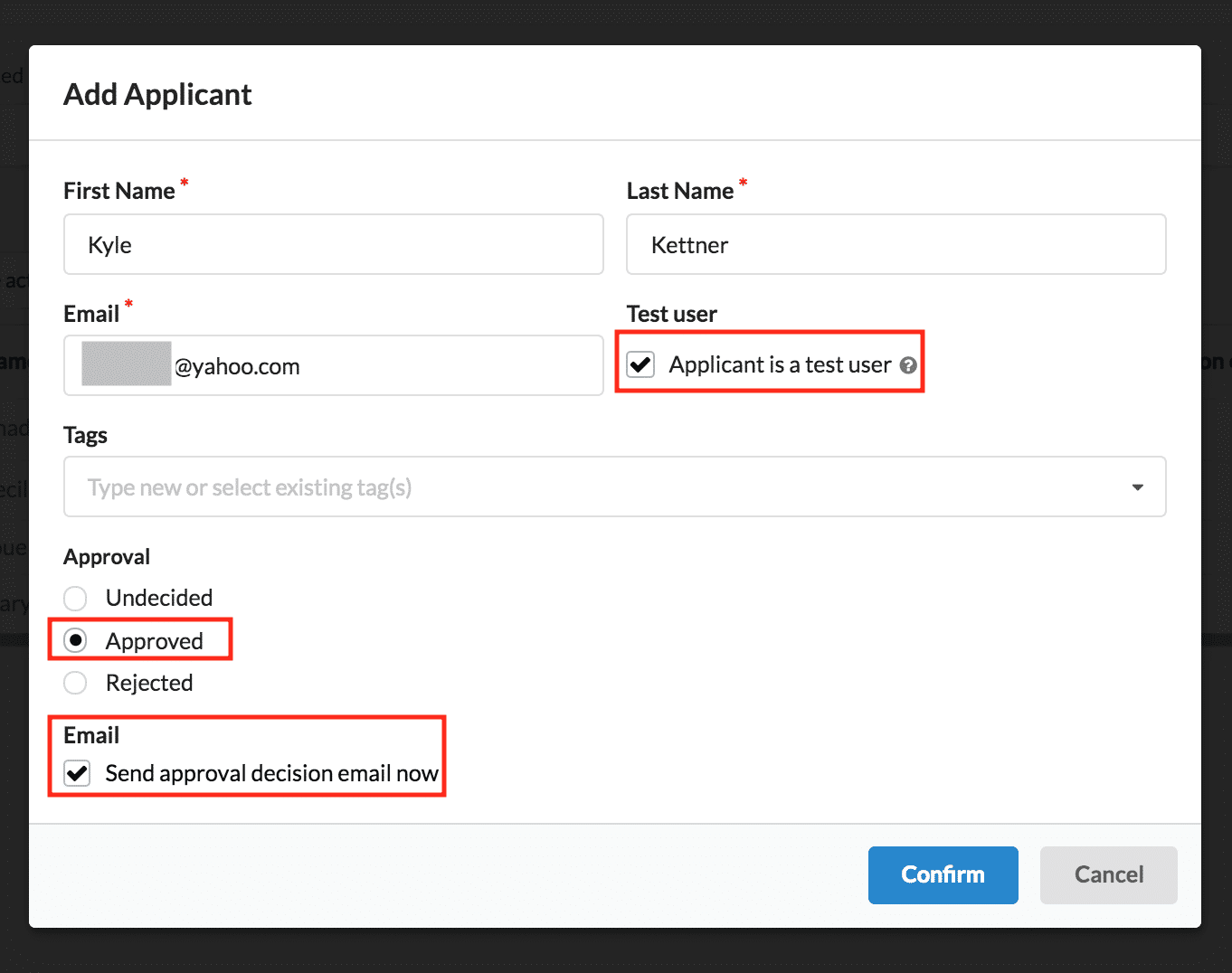 BrandChamp software add applicant test user approved