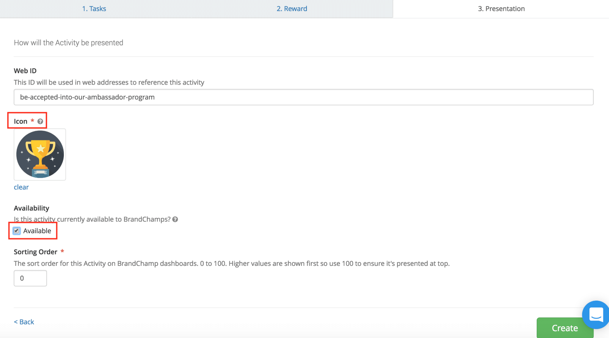 Ambassador reward activity presentation icon availability sort order