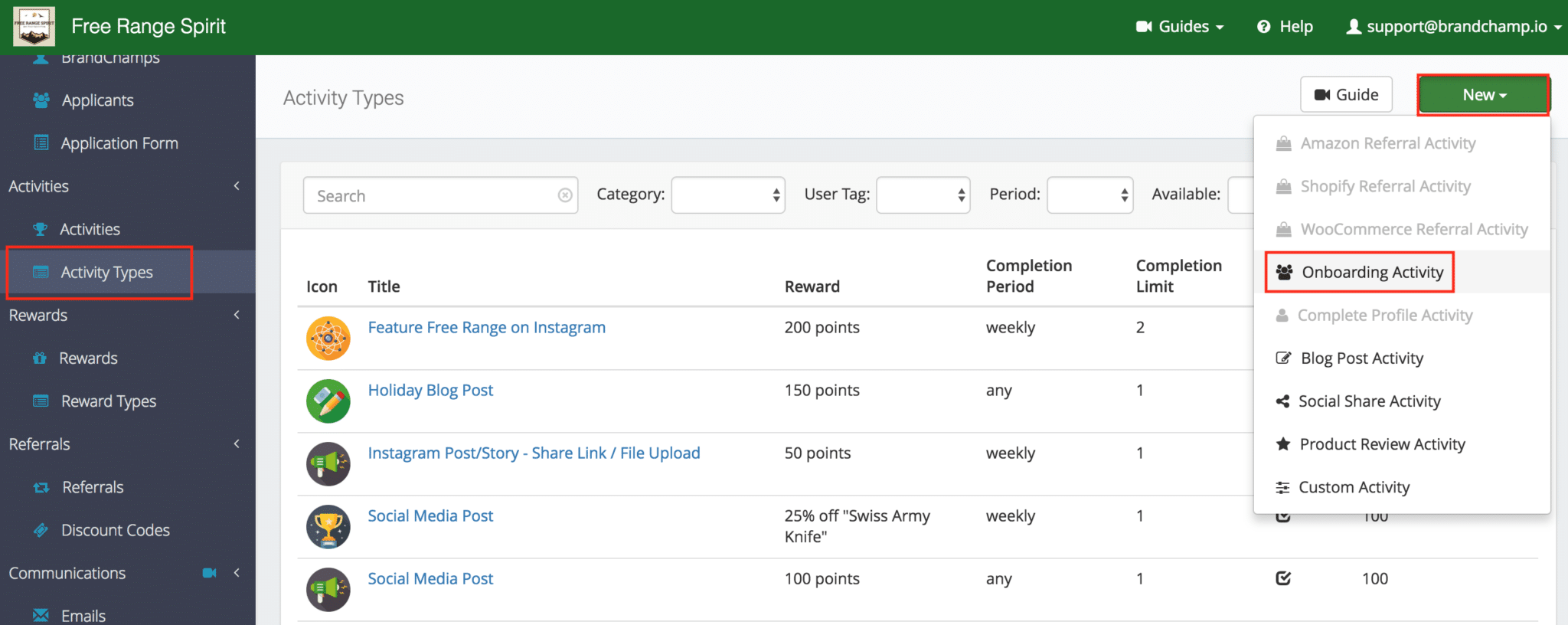 Ambassador software onboarding activity