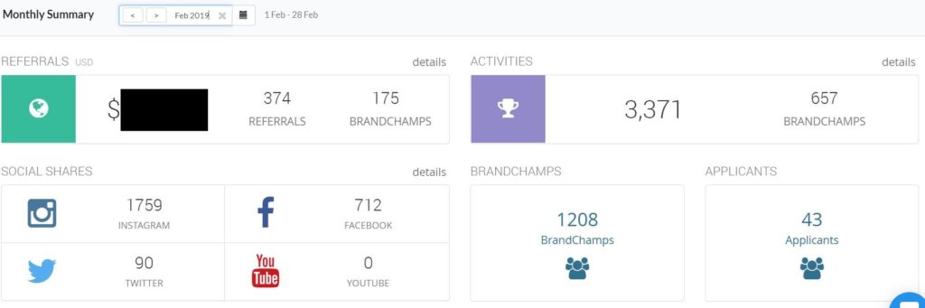 Screenshot of BrandChamp Report for Skirt Sports Ambassador Program