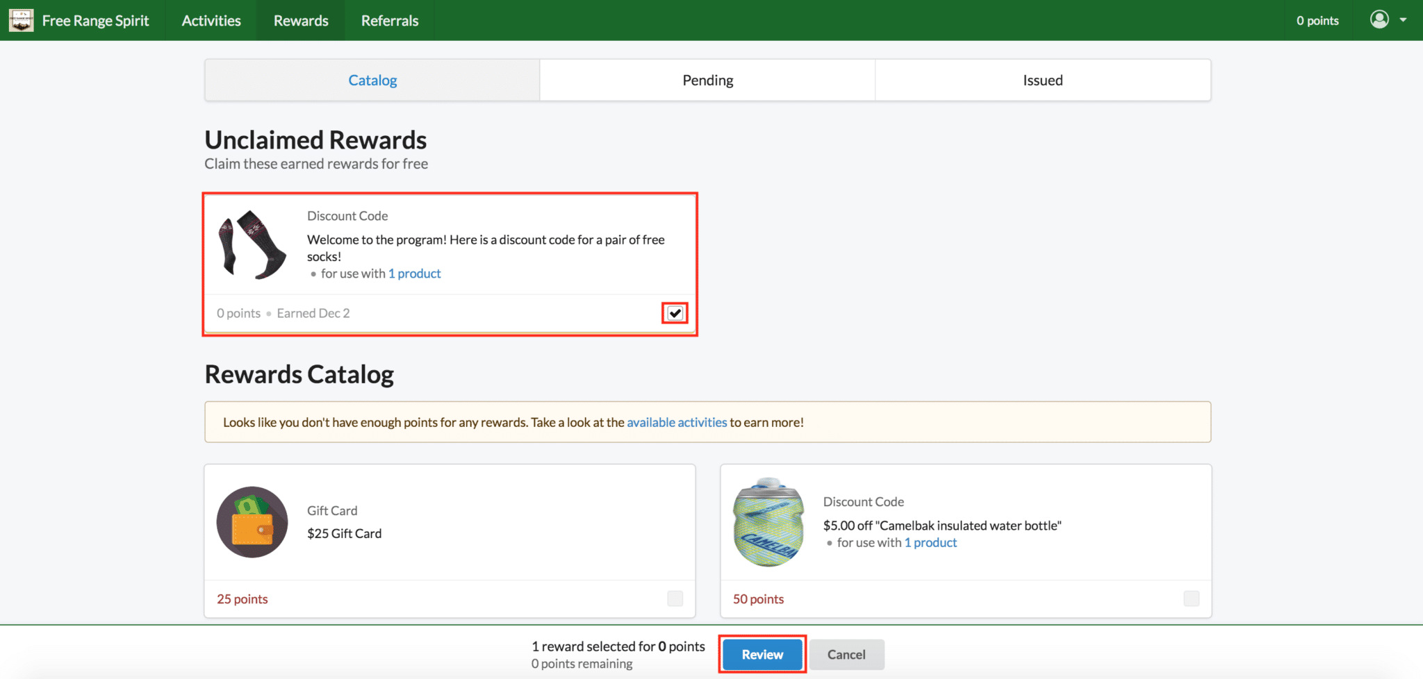 Test ambassador portal rewards catalog unclaimed onboarding reward