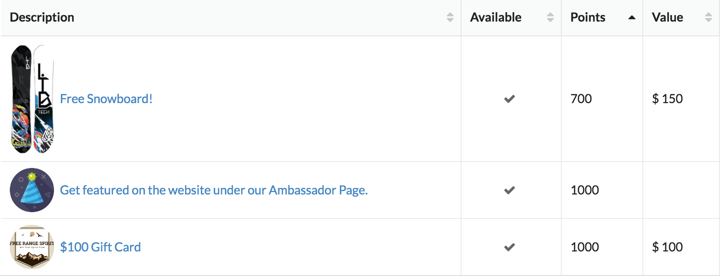 BrandChamp rewards catalog ambassador software snowboard gift cards