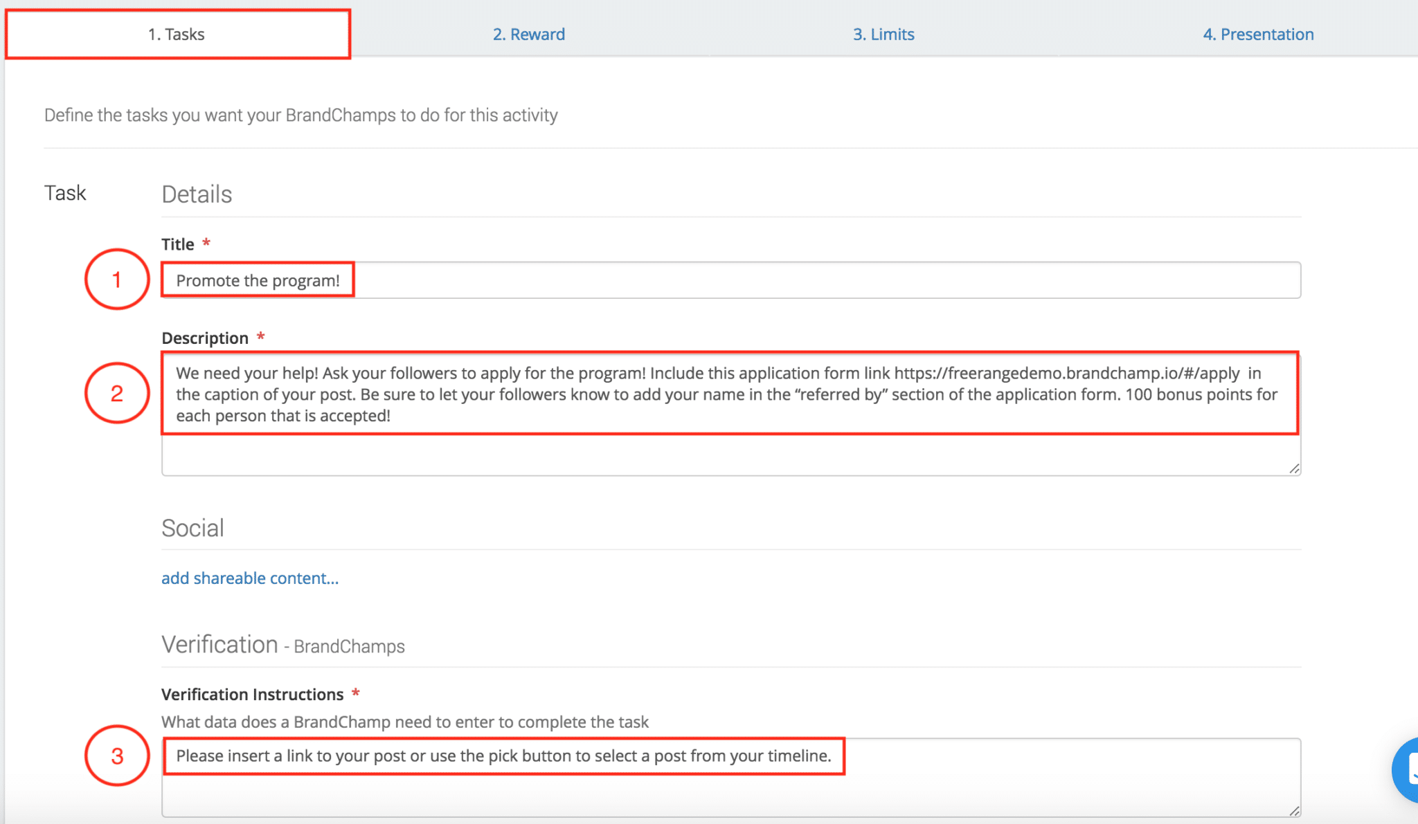 BrandChamp admin tasks title description verification instructions promote the program
