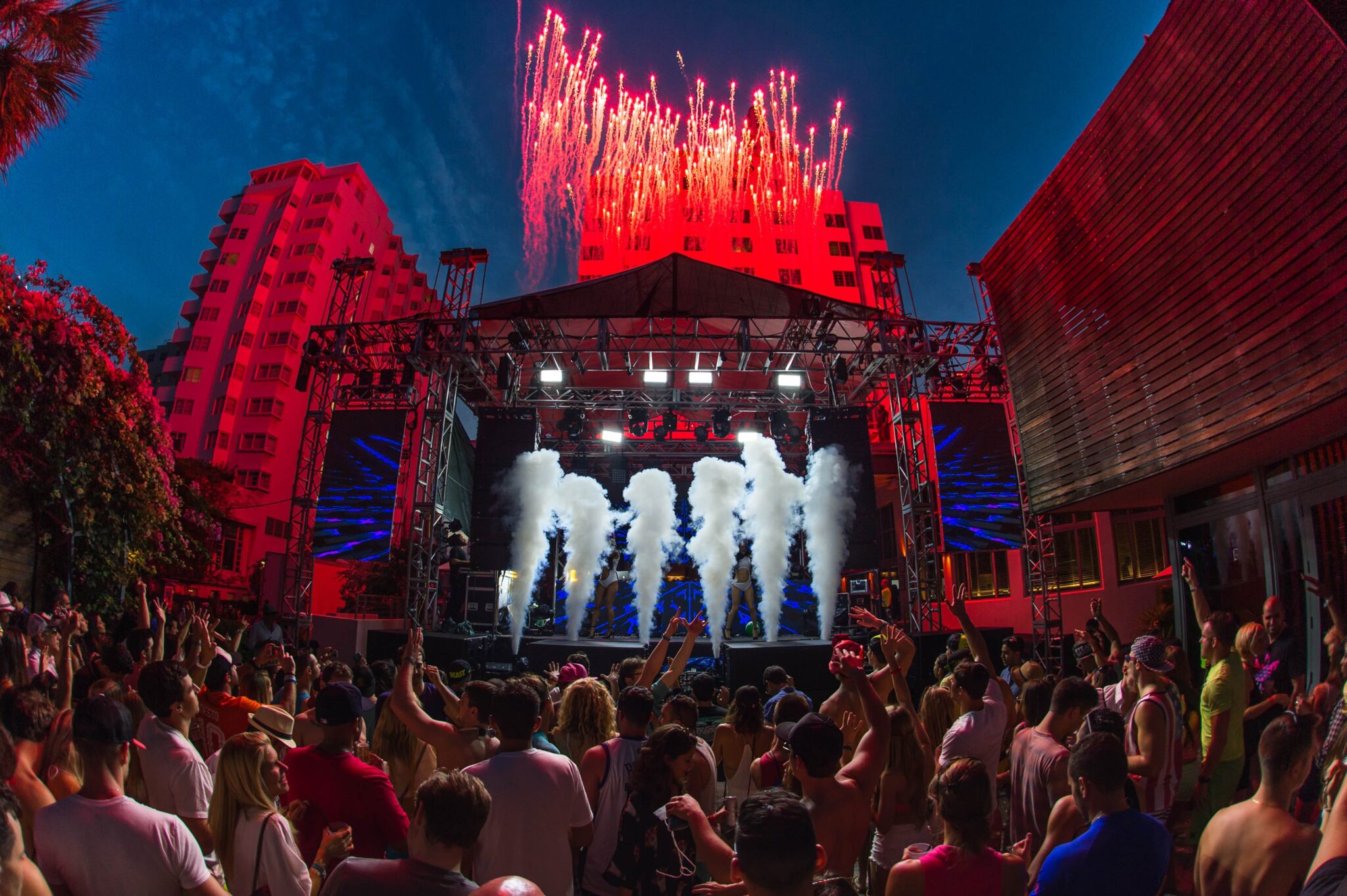 Band cheering concert with fireworks