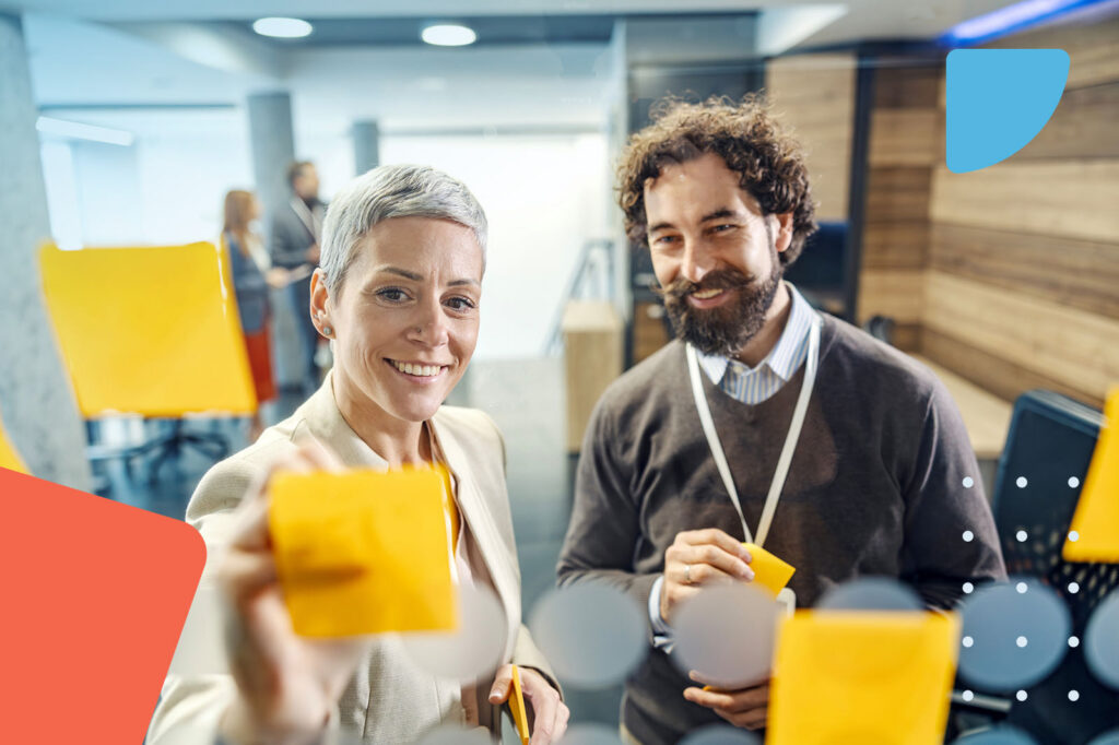 Strategy discussion with sticky notes