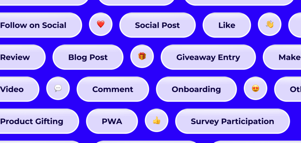 Task categories used to organize ambassador program tasks in BrandChamp - A colorful visual showing example task category labels such as Social Post, Like, Review, Follow on Social, and more, used in ambassador programs.