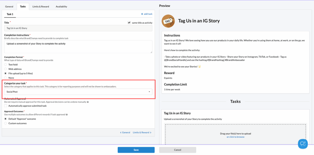 Task categories used to organize ambassador program tasks in BrandChamp