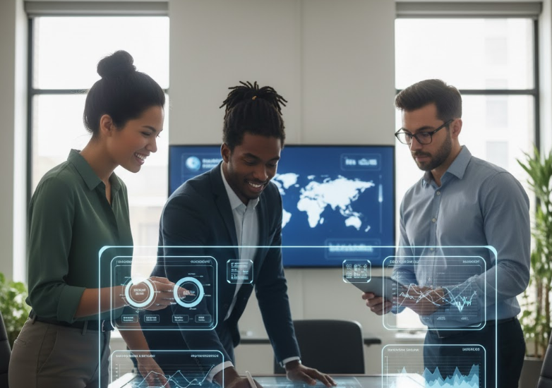 Business meeting with digital data analysis.