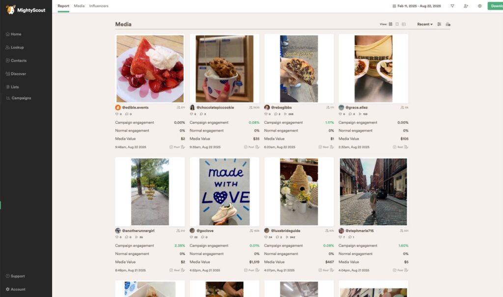 Food images with engagement metrics displayed.