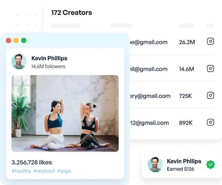 Influencer marketing dashboard showing fitness creator profiles, follower counts, and engagement stats
