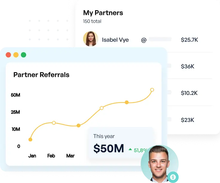 Dashboard showing partner referral growth chart and partner earnings, representing affiliate marketing performance and ambassador program analytics